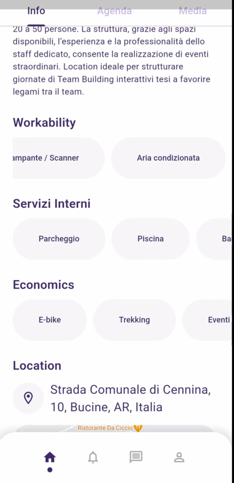 Schermata dettaglio location app SMACE Flutter: workability, servizi interni e info struttura per offsite aziendale